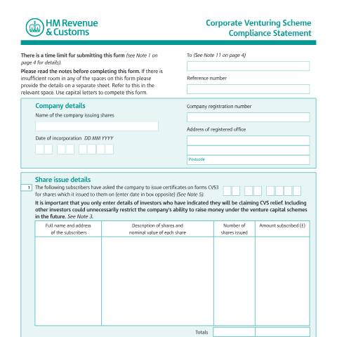 Document preview: Corporate Venturing Scheme: compliance statement (CVS1) — HM Revenue & Customs, United Kingdom