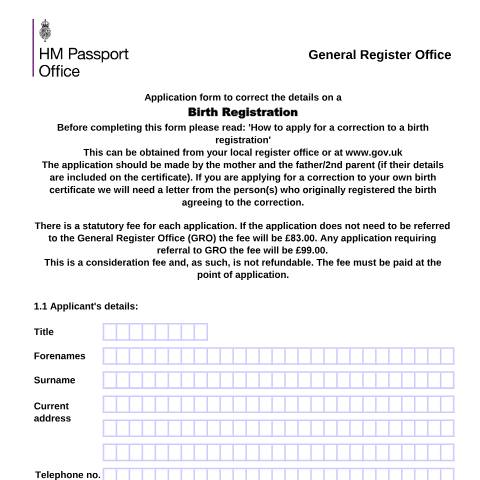 Document preview: Application form to correct details on a birth registration — HM Passport Office, United Kingdom