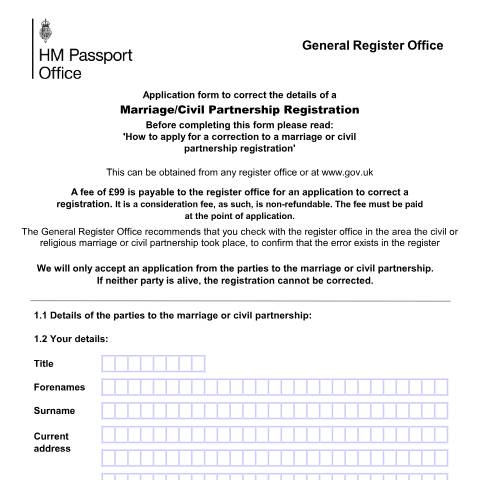 Document preview: Correct details on a marriage or civil partnership registration — HM Passport Office, United Kingdom