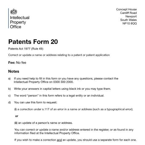 Document preview: Correct or update a name or address relating to a patent or application — Intellectual Property Office, United Kingdom
