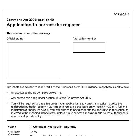 Document preview: Common land and greens: correcting a mistake in the register (CA10) — Department for Environment, Food & Rural Affairs, United Kingdom