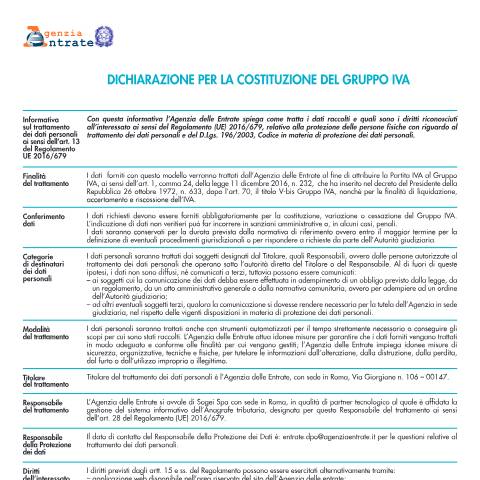 Anteprima documento Costituzione Gruppo IVA — Istanze, Italia