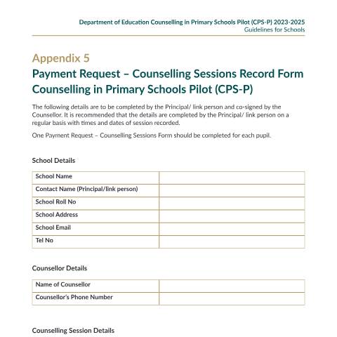 Document preview: Strand 1 of the Counselling in Primary Schools Pilot — appendix 5 payment request counselling sessions record form — Department of Education, Ireland