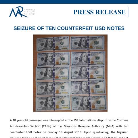 Document preview: Seizure of ten counterfeit USD notes (21.08.19) — Document, Mauritius (CERFA n°MRAPressRelease210819)