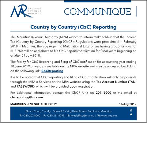 Document preview: Country by Country (CbC) Reporting (16.07.19) — Publication, Mauritius (CERFA n°CBCR160719)