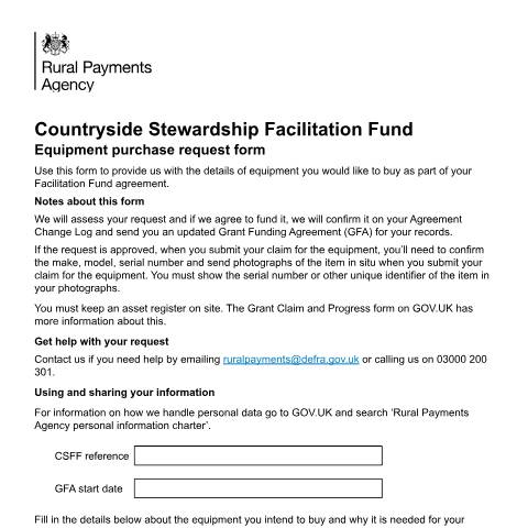 Document preview: Countryside Stewardship Facilitation Fund: Equipment Purchase form — Rural Payments Agency, United Kingdom