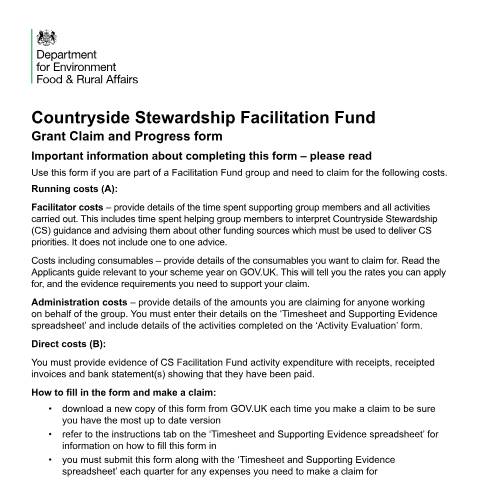 Document preview: Countryside Stewardship Facilitation Fund: Grant Claim and Progress form — Rural Payments Agency, United Kingdom