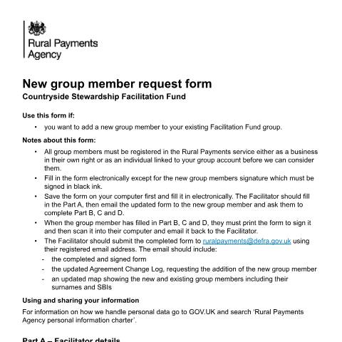 Document preview: Countryside Stewardship Facilitation Fund: New group member form — Rural Payments Agency, United Kingdom