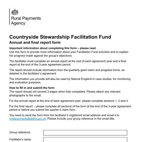 Document preview: Countryside Stewardship Facilitation Fund: Annual and final report form — Rural Payments Agency, United Kingdom