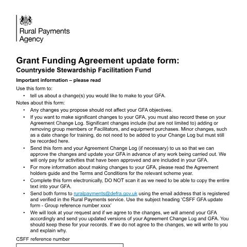 Document preview: CS Facilitation Fund: Grant Funding Agreement update form — Rural Payments Agency, United Kingdom
