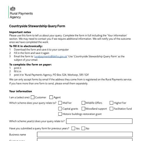 Document preview: Countryside Stewardship scheme query form — Rural Payments Agency, United Kingdom