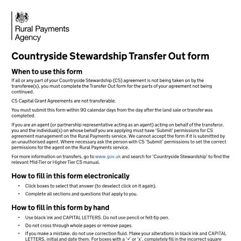 Document preview: Countryside Stewardship: How to transfer all or part of a Countryside Stewardship agreement — Rural Payments Agency, United Kingdom