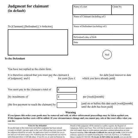 Document preview: County court judgment for claimant in default: Form N30 — HM Courts & Tribunals Service, United Kingdom