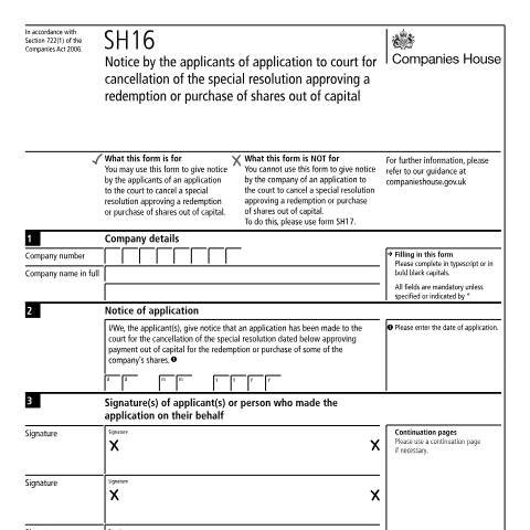Document preview: Give notice of application to court to cancel special resolution (SH16) — Companies House, United Kingdom