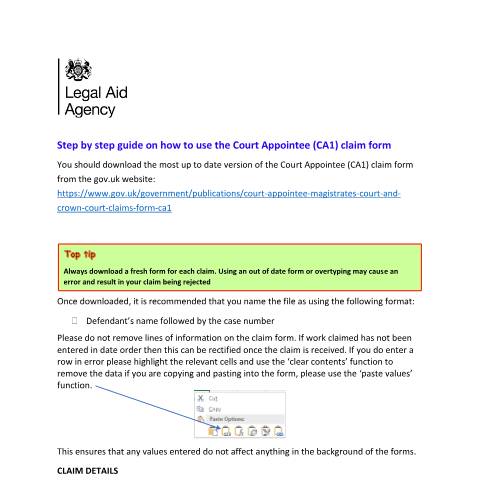 Document preview: Court appointee: magistrates' court and crown court claims (CA1) — Legal Aid Agency, United Kingdom