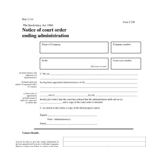Document preview: Give notice of court ending administration (2.33B) — Companies House, United Kingdom