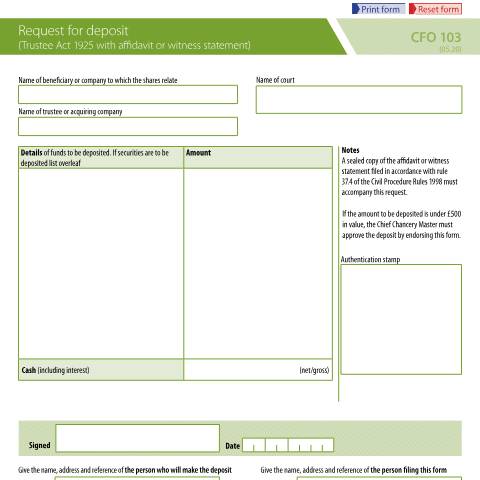 Document preview: Court funds: request for deposit (trustee payment) — Ministry of Justice, United Kingdom