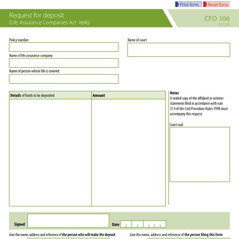 Document preview: Court funds: deposit request (life assurance payment) — Ministry of Justice, United Kingdom