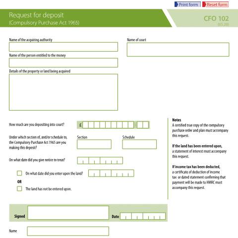Document preview: Court funds: request for deposit (compulsory purchase payment) — Ministry of Justice, United Kingdom