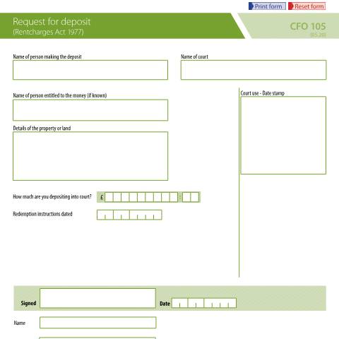 Document preview: Court funds: deposit request (rentcharges payment) — Ministry of Justice, United Kingdom