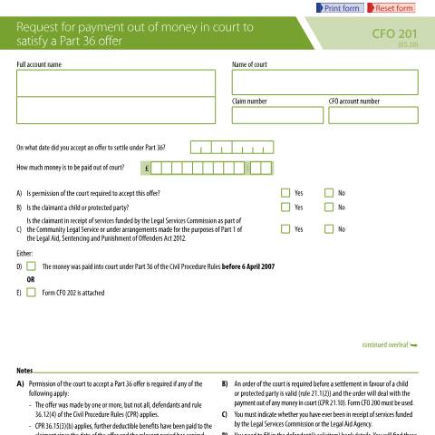 Document preview: Court funds: ask for payment for a part 36 offer — Ministry of Justice, United Kingdom