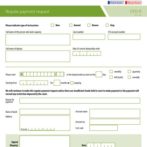 Document preview: Court funds: regular payment request — Ministry of Justice, United Kingdom