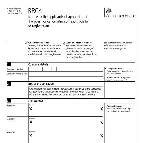 Document preview: Give notice of application to court: cancellation of resolution of re-registration (RR04) — Companies House, United Kingdom