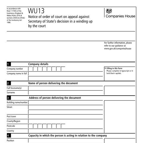 Document preview: Give notice of order of court on appeal against decision (WU13) — Companies House, United Kingdom