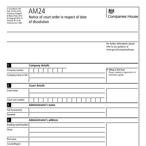 Document preview: Give notice of a court order in respect of date of dissolution (AM24) — Companies House, United Kingdom