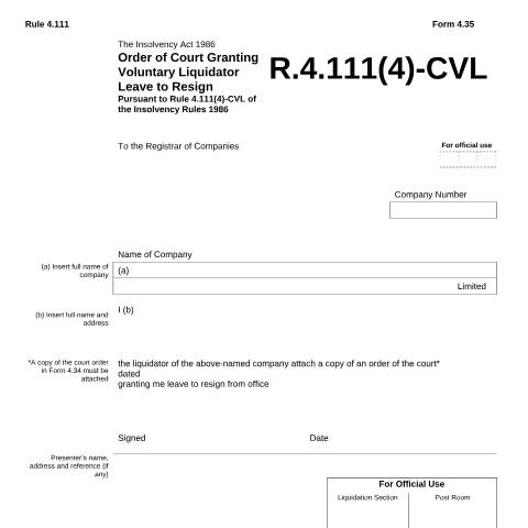 Document preview: Give notice of court order granting liquidator to resign (4.35) — Companies House, United Kingdom