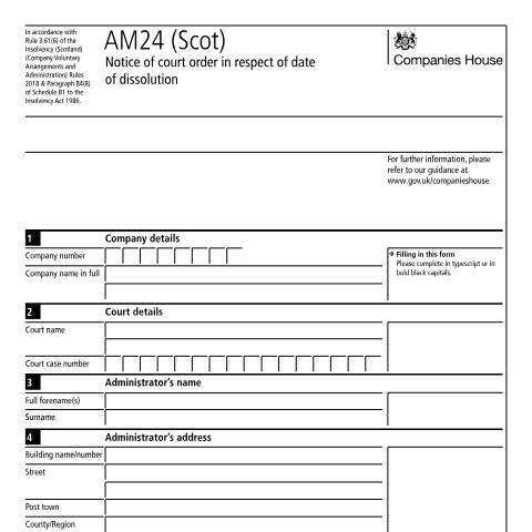 Document preview: Give notice of a court order in respect of date of dissolution: AM24 (Scot) — Companies House, United Kingdom