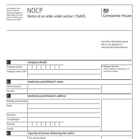 Document preview: Give notice of a court order under section 176A (5) (NOCP) — Companies House, United Kingdom