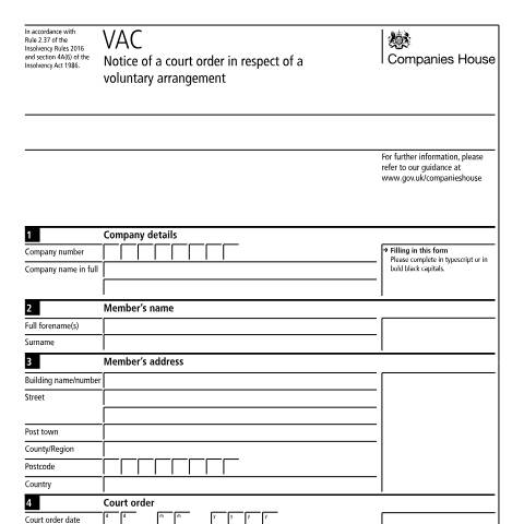 Document preview: Give notice of a court order in respect of a voluntary arrangement (VAC) — Companies House, United Kingdom