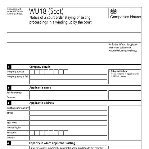 Document preview: Give notice of a court order staying or sisting proceedings in a winding up by the court: WU18 (Scot) — Companies House, United Kingdom