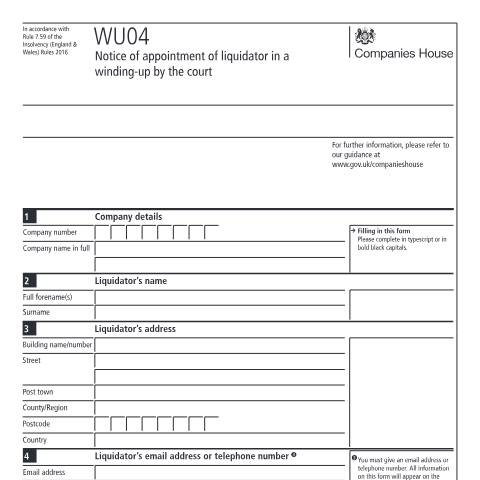 Document preview: Give notice of the appointment of liquidator in a winding-up by the court (WU04) — Companies House, United Kingdom