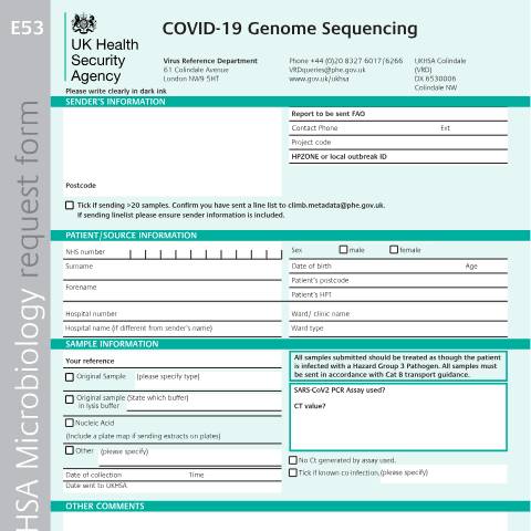 Document preview: COVID-19: E53 sequencing request form — UK Health Security Agency, United Kingdom