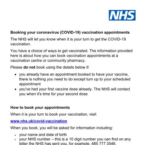 Document preview: COVID-19 vaccination: booking an appointment letter — UK Health Security Agency, United Kingdom