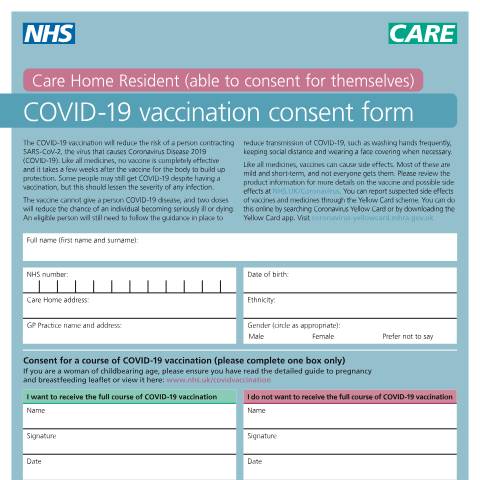 Document preview: COVID-19 vaccination: consent forms and letters for care home residents — Public Health England, United Kingdom