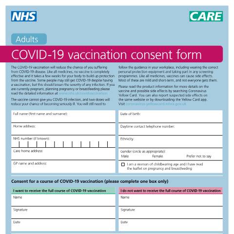 Document preview: COVID-19 vaccination: consent form and letter for adults — Public Health England, United Kingdom