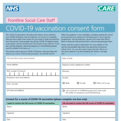 Document preview: COVID-19 vaccination: consent form and letter for social care staff — Public Health England, United Kingdom