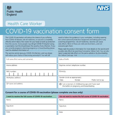 Document preview: COVID-19 vaccination: consent form and letter for healthcare workers — Public Health England, United Kingdom