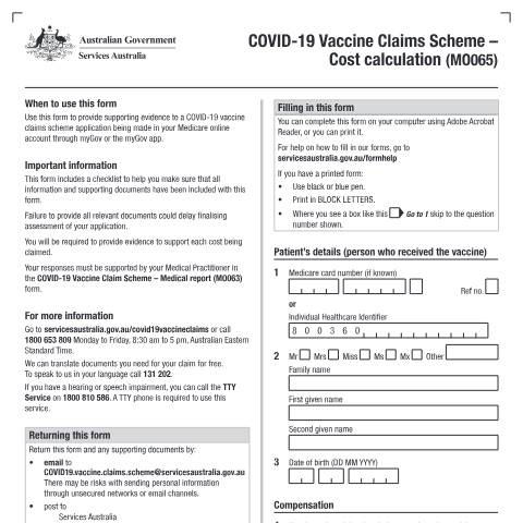 Document preview: COVID-19 Vaccine Claims Scheme cost calculation form (MO065) — Services Australia — Health professionals, Australia (CERFA n°MO065)