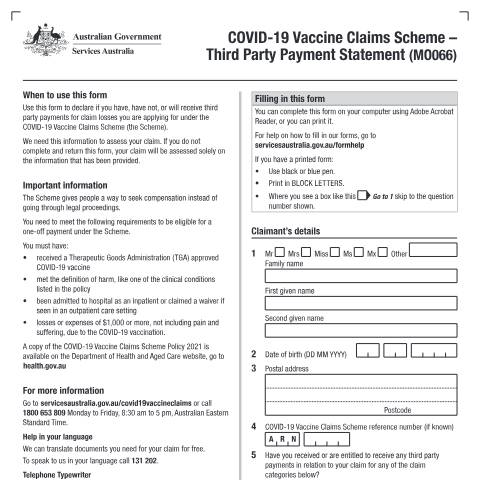 Document preview: COVID-19 Vaccine Claims Scheme – Third Party Payment Statement — Services Australia — Individuals (by code), Australia (CERFA n°MO066)