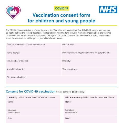 Document preview: COVID-19 vaccination: consent form for children and young people or parents — UK Health Security Agency, United Kingdom