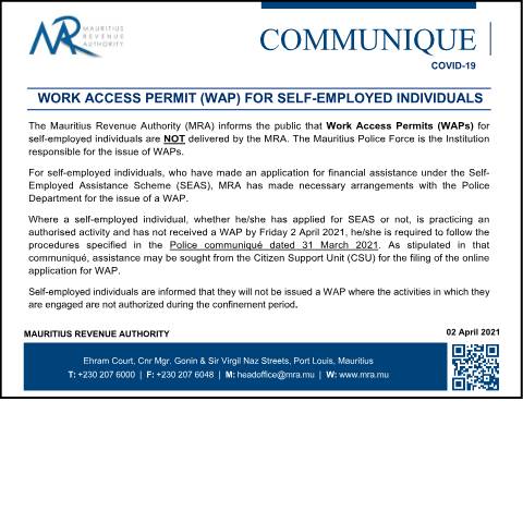 Document preview: Covid-19 : Work Access Permit (WAP) for self-employed individuals (02.04.21) — Notice / Circular, Mauritius (CERFA n°CommuniqueWAP)
