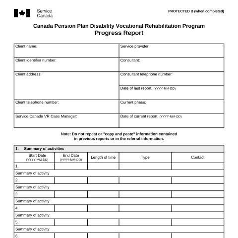Document preview: Progress Report – Canada Pension Plan Disability Vocational Rehabilitation Program — Income Security Programs, Canada (CERFA n°ISP2558)