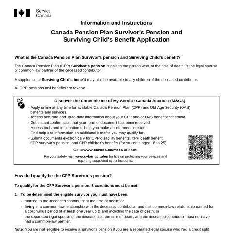 Document preview: Application for CPP Survivor's Pension and Surviving Child's Benefits — Income Security Programs, Canada (CERFA n°ISP1300)