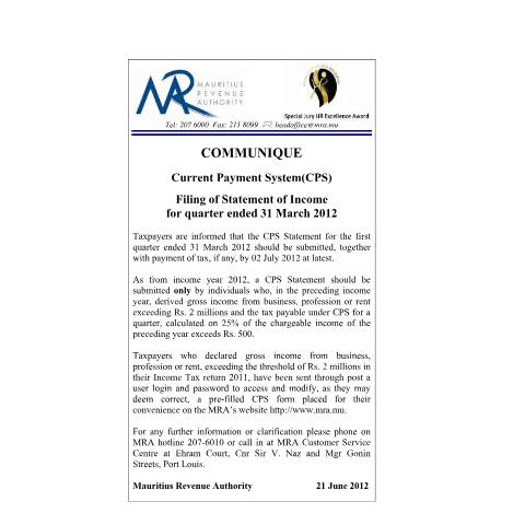 Document preview: CPS - Filing of Statement of Income for quarter ended 31 March 2012 (21.06.2012) — Notice / Circular, Mauritius (CERFA n°CommuniqueCPSforMarchSatatement2012)