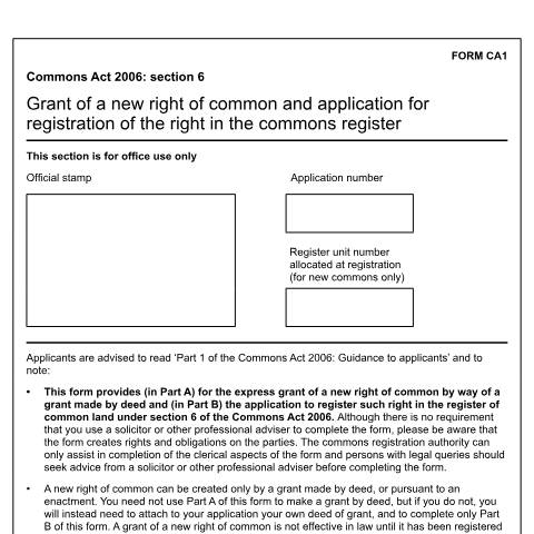 Document preview: Common land and greens: creating a new right of common (CA1) — Department for Environment, Food & Rural Affairs, United Kingdom