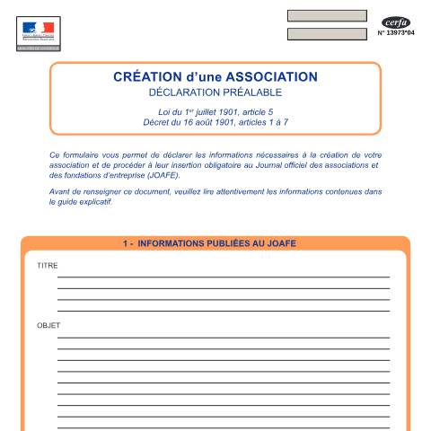 Aperçu du document Création d'une association — Particuliers, France (CERFA n°13973*04)